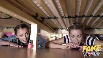 Fake Hostel two Hot Girls get Stuck under a Bunk Bed
