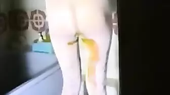 Dirty girl shitting very liquid diarrhea in white pantyhose