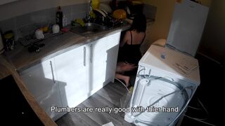 Horny Ex-Wife Seduces Plumber in the Kitchen while Boy at Work