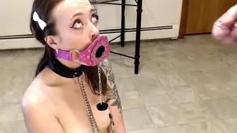 Little Rose abused, gagged, pissed in, and skullfuck torment until sperm shot