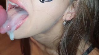 Amazing slobbering oral sex from sweet mom with deep throat and eating spunk