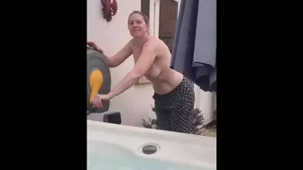 Stepmom Watering her Garden Topless then Strips off and Joins Step Son in Attractive Tub Naked