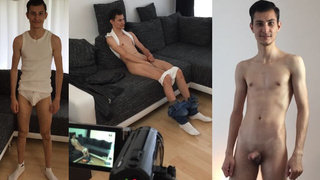 18-year-mature slim hairless refugee at the German casting interview with small schlong and white socks