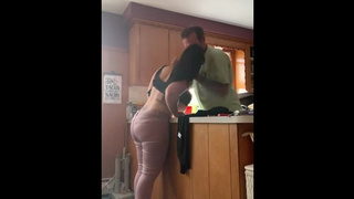 In the kitchen making a cream pie with a cheating jizz whore on a counter