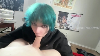 Emo Chick Uses Throat and Large Melons to Milk Humongous Dong and Gets Cums on