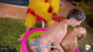 Frisby's chicken organizes fight between ALIX VLOGS and LARA ROSS to see who will fuck his chunky penis